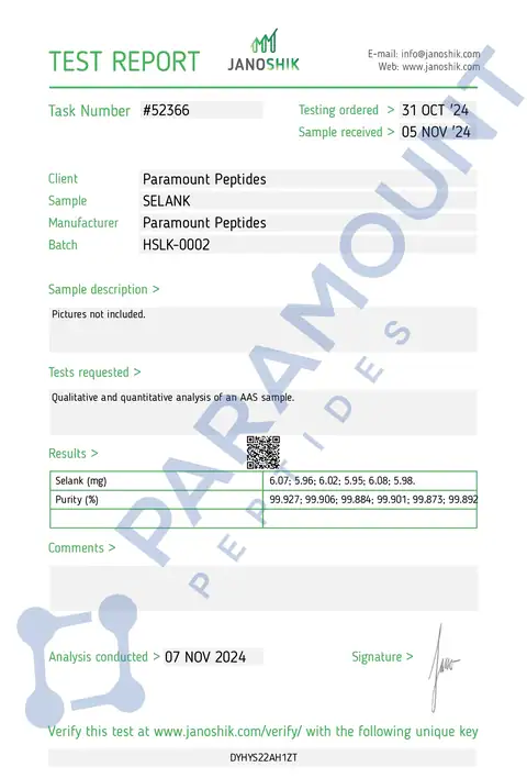 Page 1 of the certificate of analysis for Selank (5mg) lot HSLK-0002 (Janoshik)