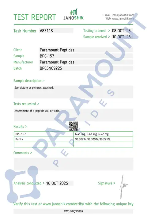 Page 1 of the certificate of analysis for BPC-157 (5mg) lot BPC5N09225 (Janoshik)