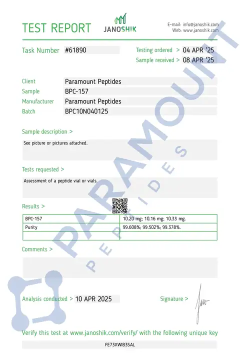 Page 1 of the certificate of analysis for BPC-157 (10mg) lot BPC10N040125 (Janoshik)