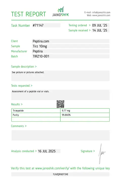 Page 1 of the certificate of analysis for TIRZ-2 Vial 10 mg lot TIRZ10-001 (Janoshik)